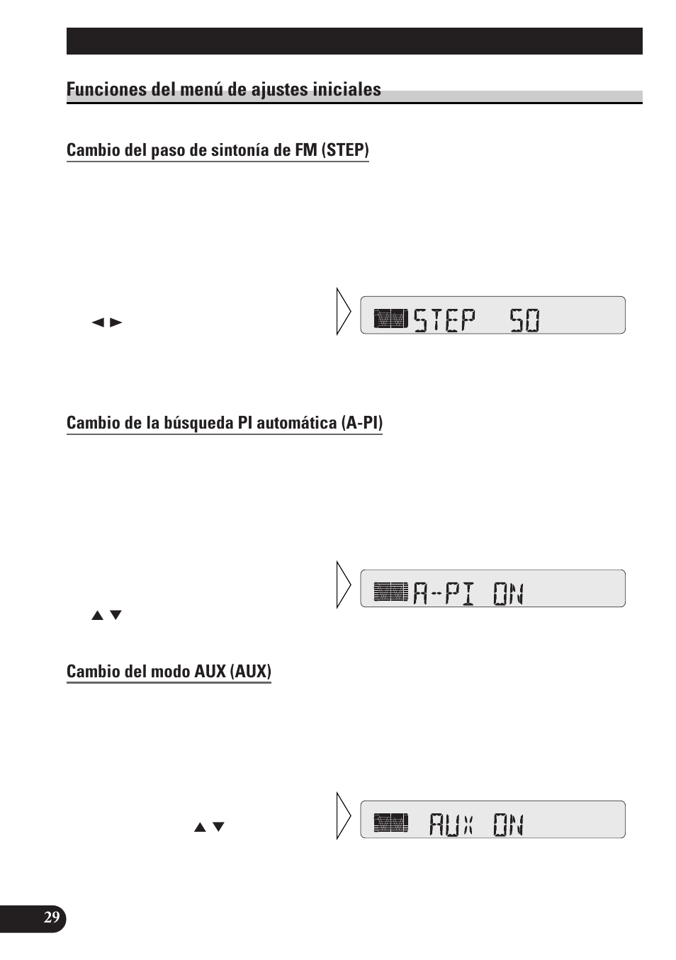 Funciones del menú de ajustes iniciales, Cambio del paso de sintonía de fm (step), Cambio de la búsqueda pi automática (a-pi) | Cambio del modo aux (aux), Ajustes iniciales | Pioneer KEH-P4010RB User Manual | Page 62 / 100