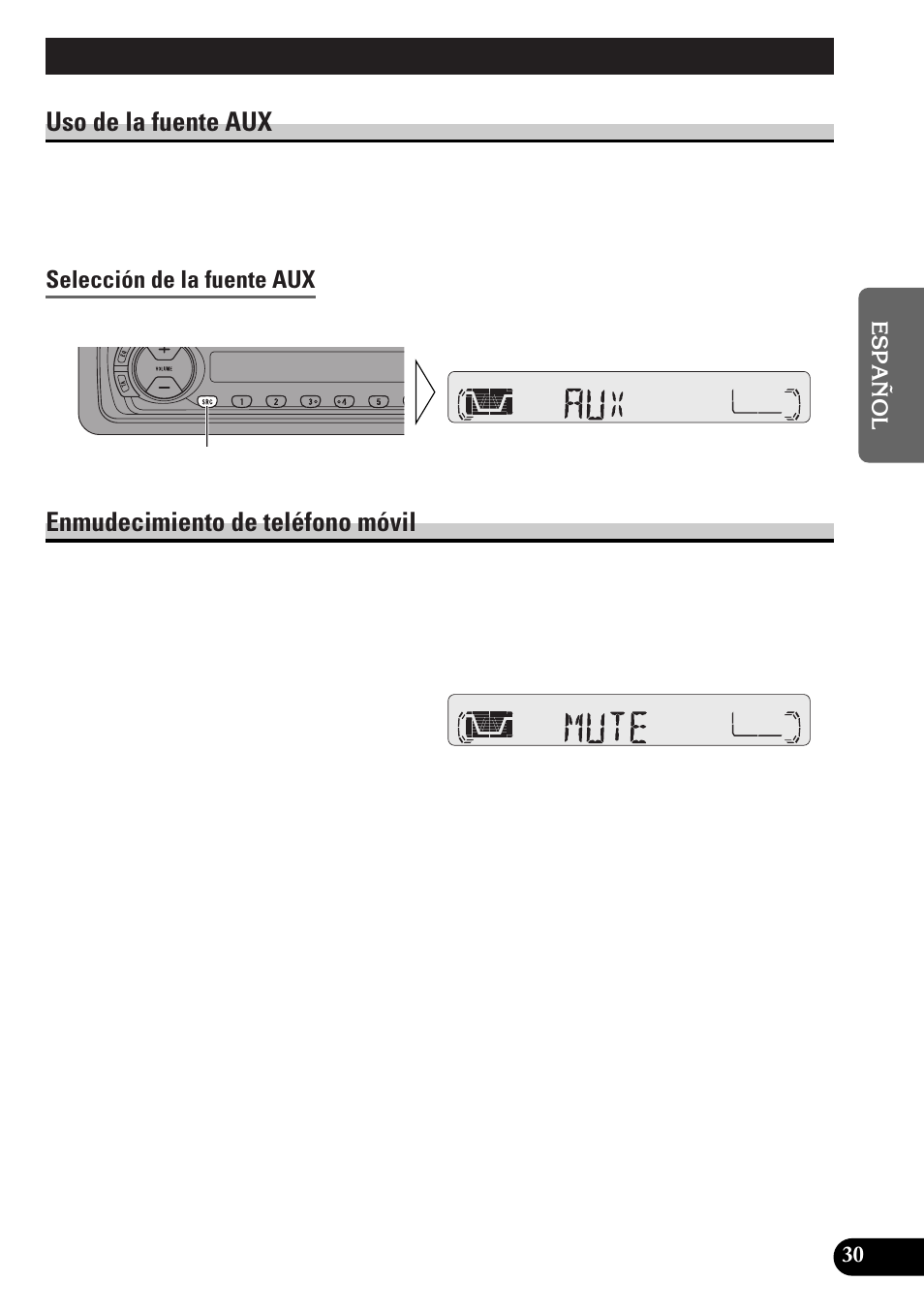 Otras funciones, Uso de la fuente aux, Selección de la fuente aux | Enmudecimiento de teléfono móvil | Pioneer KEH-P4010RB User Manual | Page 63 / 100