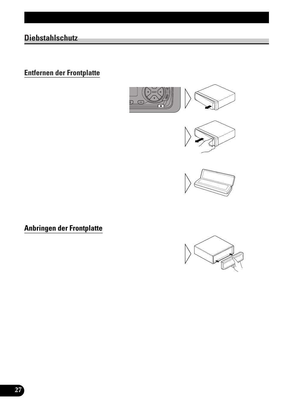 Entfernen und anbringen der, Frontplatte, Diebstahlschutz | Entfernen der frontplatte, Anbringen der frontplatte, Entfernen und anbringen der frontplatte | Pioneer KEH-P4010RB User Manual | Page 92 / 100