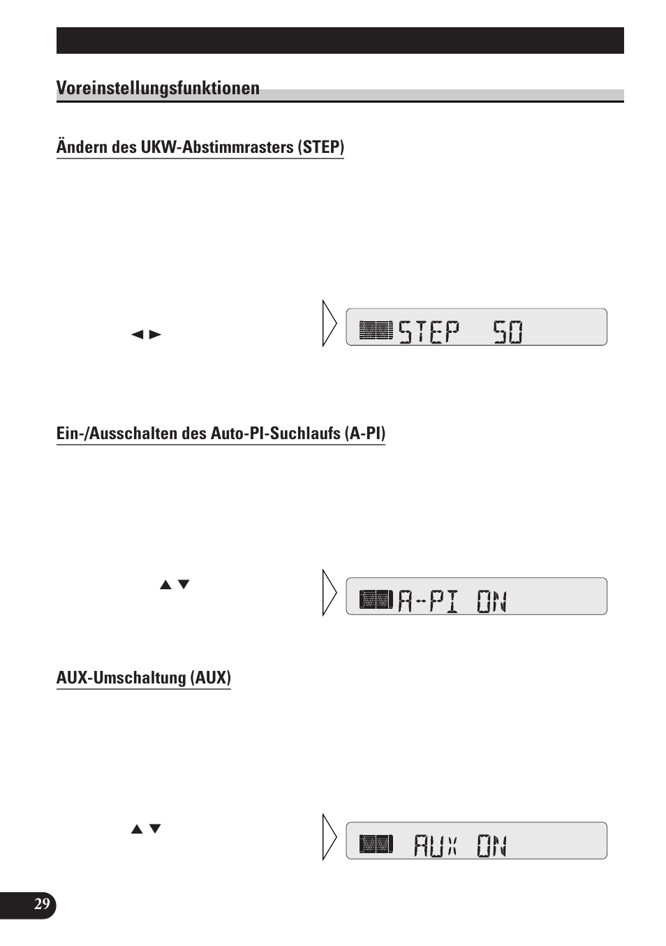 Voreinstellungsfunktionen, Ändern des ukw-abstimmrasters (step), Ein-/ausschalten des auto-pi-suchlaufs (a-pi) | Aux-umschaltung (aux), Voreinstellungen | Pioneer KEH-P4010RB User Manual | Page 94 / 100