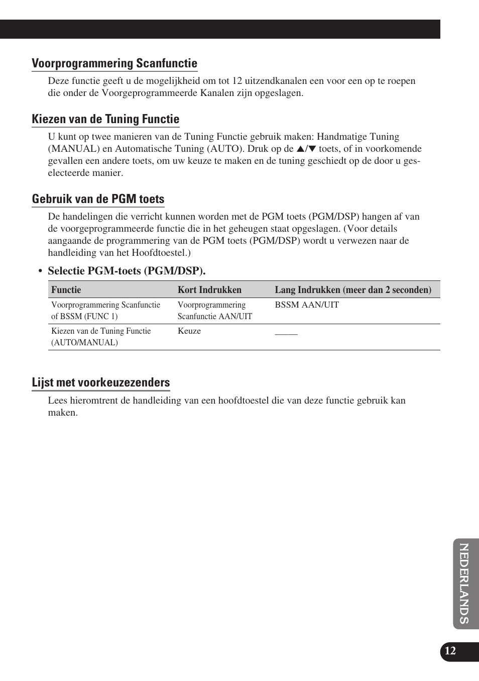 Voorprogrammering scanfunctie, Kiezen van de tuning functie, Gebruik van de pgm toets | Lijst met voorkeuzezenders | Pioneer GEX-P6400TVP User Manual | Page 103 / 112