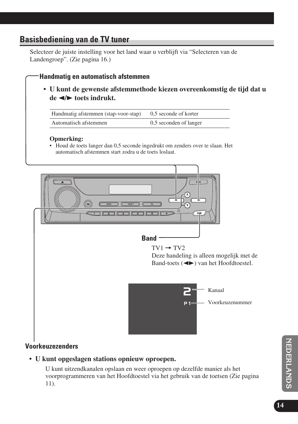 Basisbediening van de tv tuner, Handmatig en automatisch afstemmen, Band | Voorkeuzezenders | Pioneer GEX-P6400TVP User Manual | Page 105 / 112