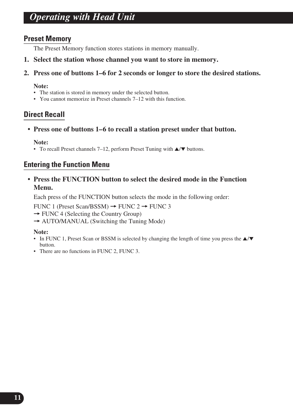 Operating with head unit, Direct recall, Entering the function menu | Pioneer GEX-P6400TVP User Manual | Page 12 / 112