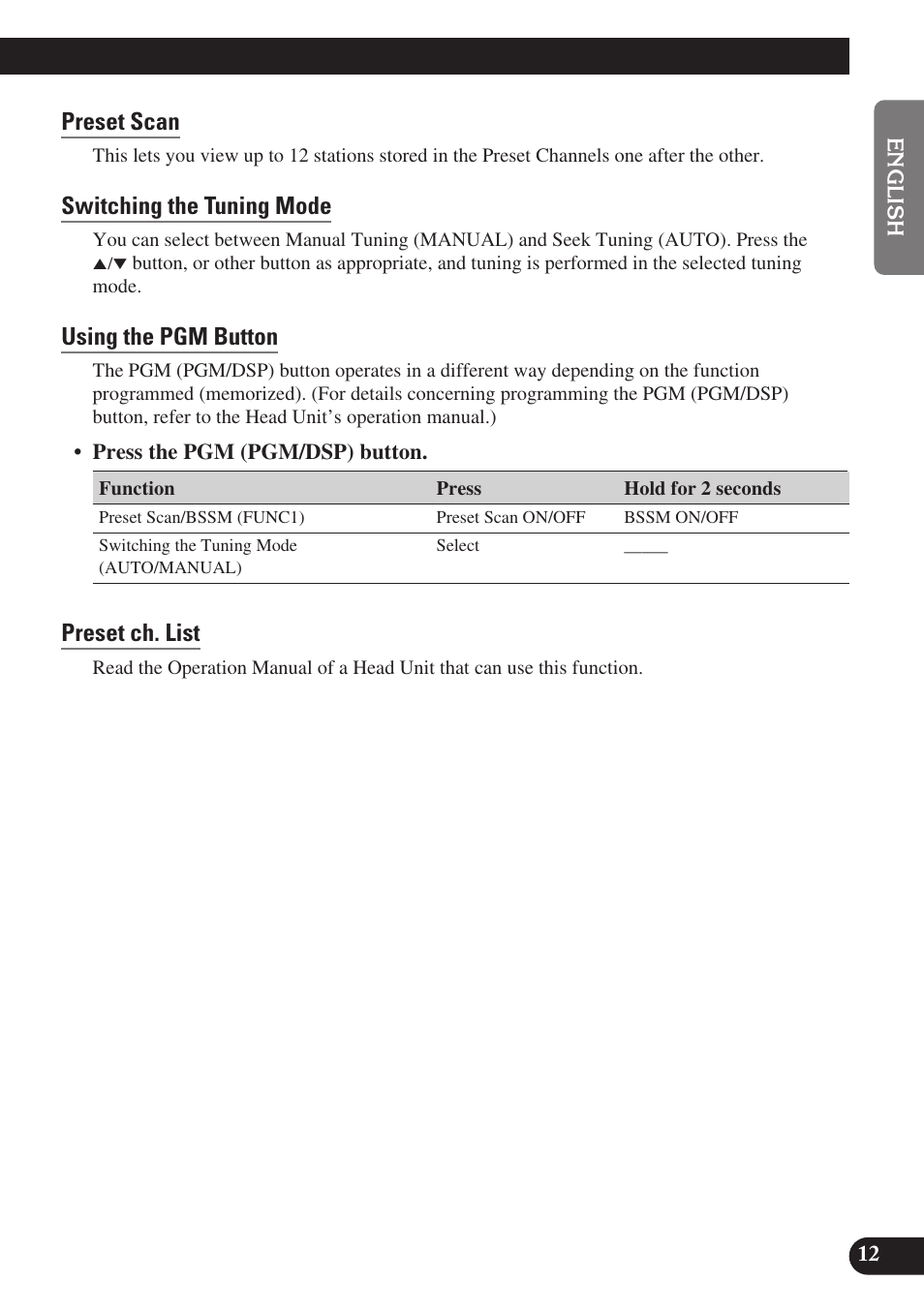 Preset scan, Switching the tuning mode, Using the pgm button | Preset ch. list | Pioneer GEX-P6400TVP User Manual | Page 13 / 112