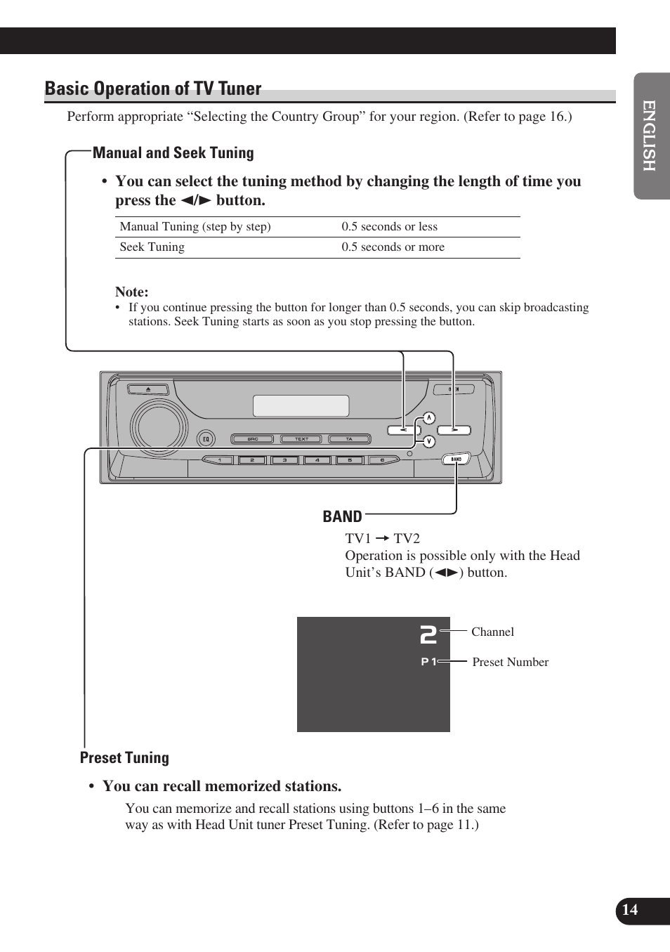 Basic operation of tv tuner, Manual and seek tuning, Band | Preset tuning | Pioneer GEX-P6400TVP User Manual | Page 15 / 112