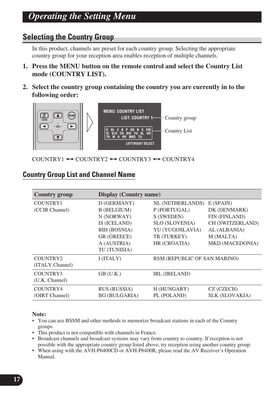 Operating the setting menu, Selecting the country group, Country group list and channel name | Pioneer GEX-P6400TVP User Manual | Page 18 / 112