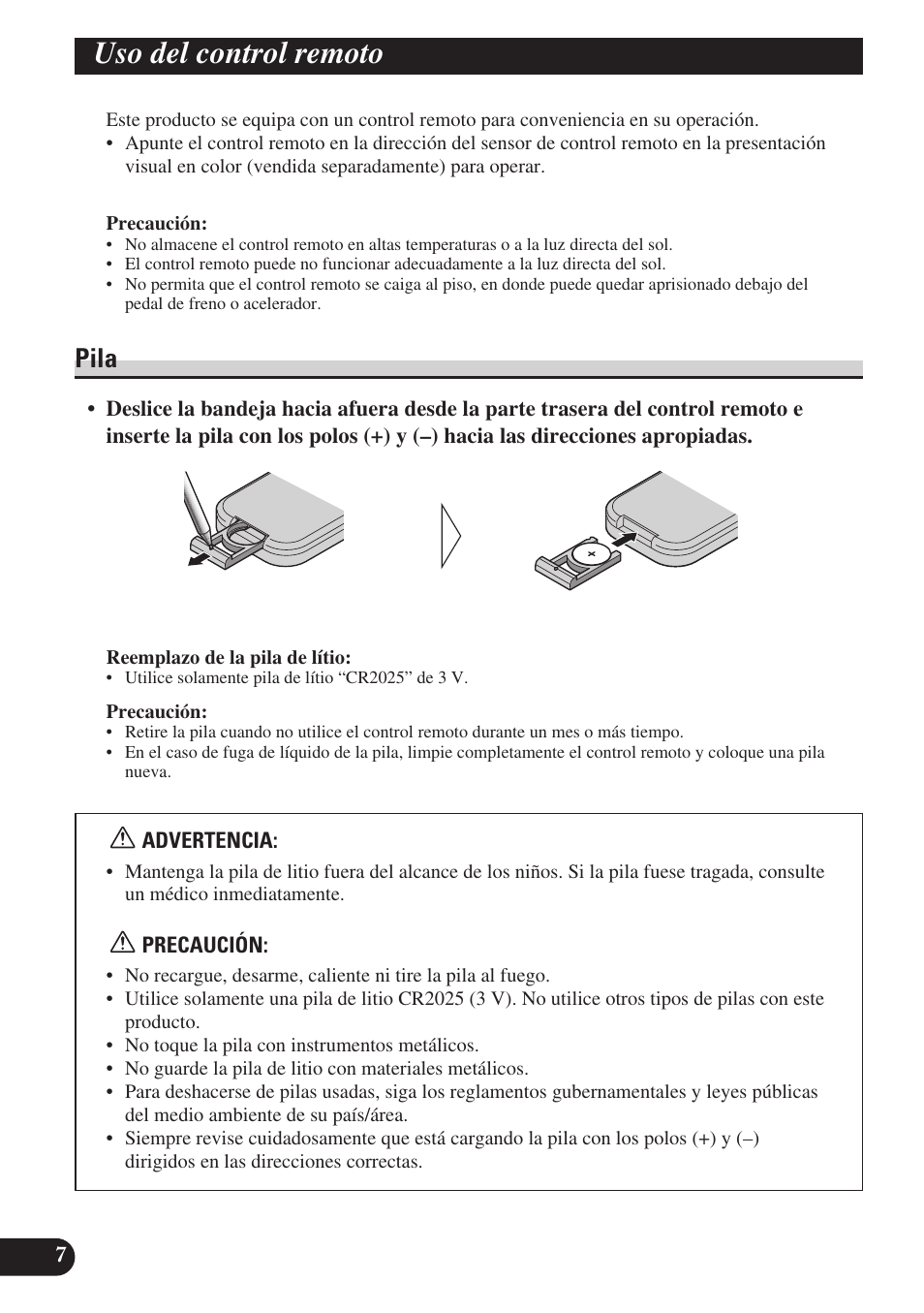 Uso del control remoto, Pila | Pioneer GEX-P6400TVP User Manual | Page 26 / 112