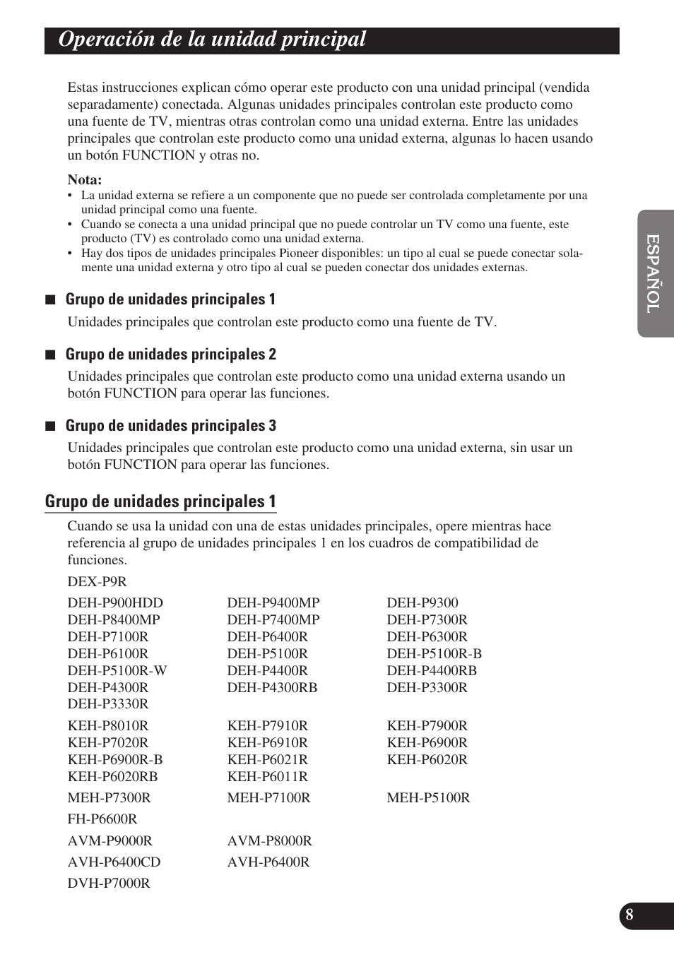 Operación de la unidad principal, Grupo de unidades principales 1, Grupo de unidades principales 2 | Grupo de unidades principales 3 | Pioneer GEX-P6400TVP User Manual | Page 27 / 112