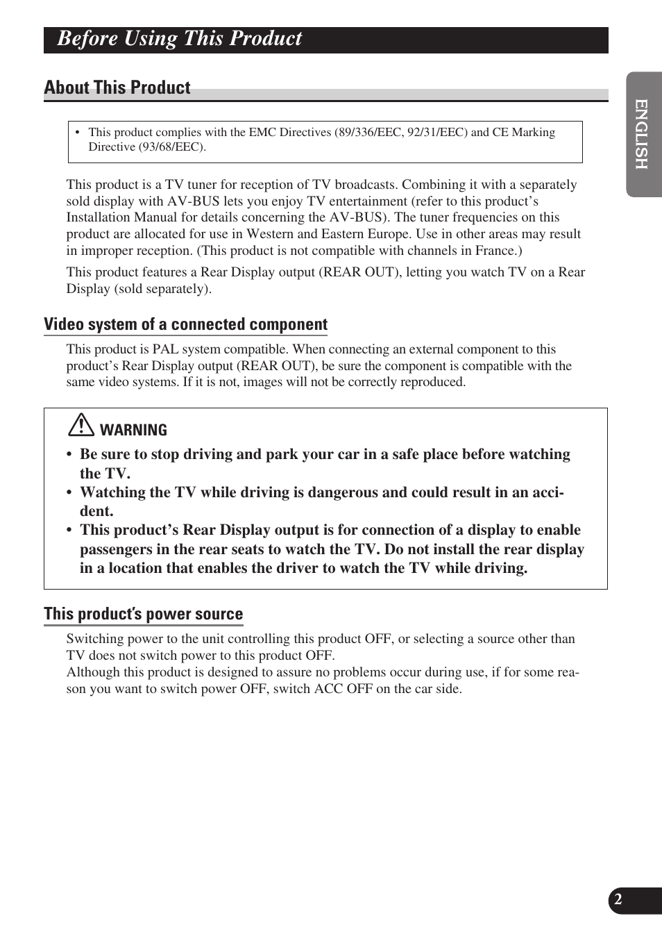 Before using this product, About this product, Video system of a connected component | This product’s power source | Pioneer GEX-P6400TVP User Manual | Page 3 / 112