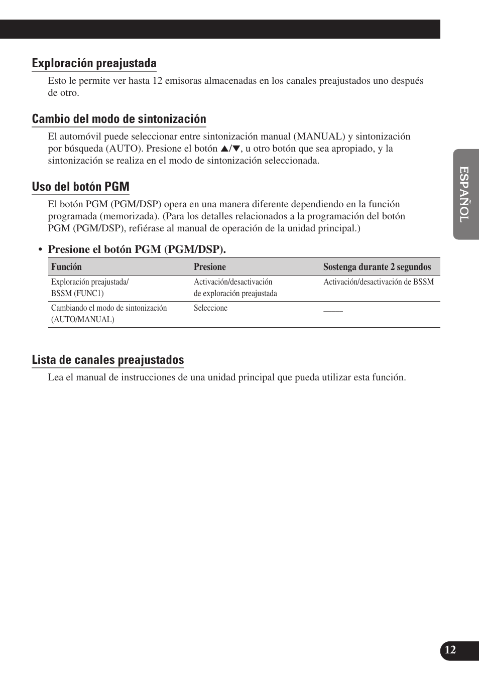 Exploración preajustada, Cambio del modo de sintonización, Uso del botón pgm | Lista de canales preajustados | Pioneer GEX-P6400TVP User Manual | Page 31 / 112