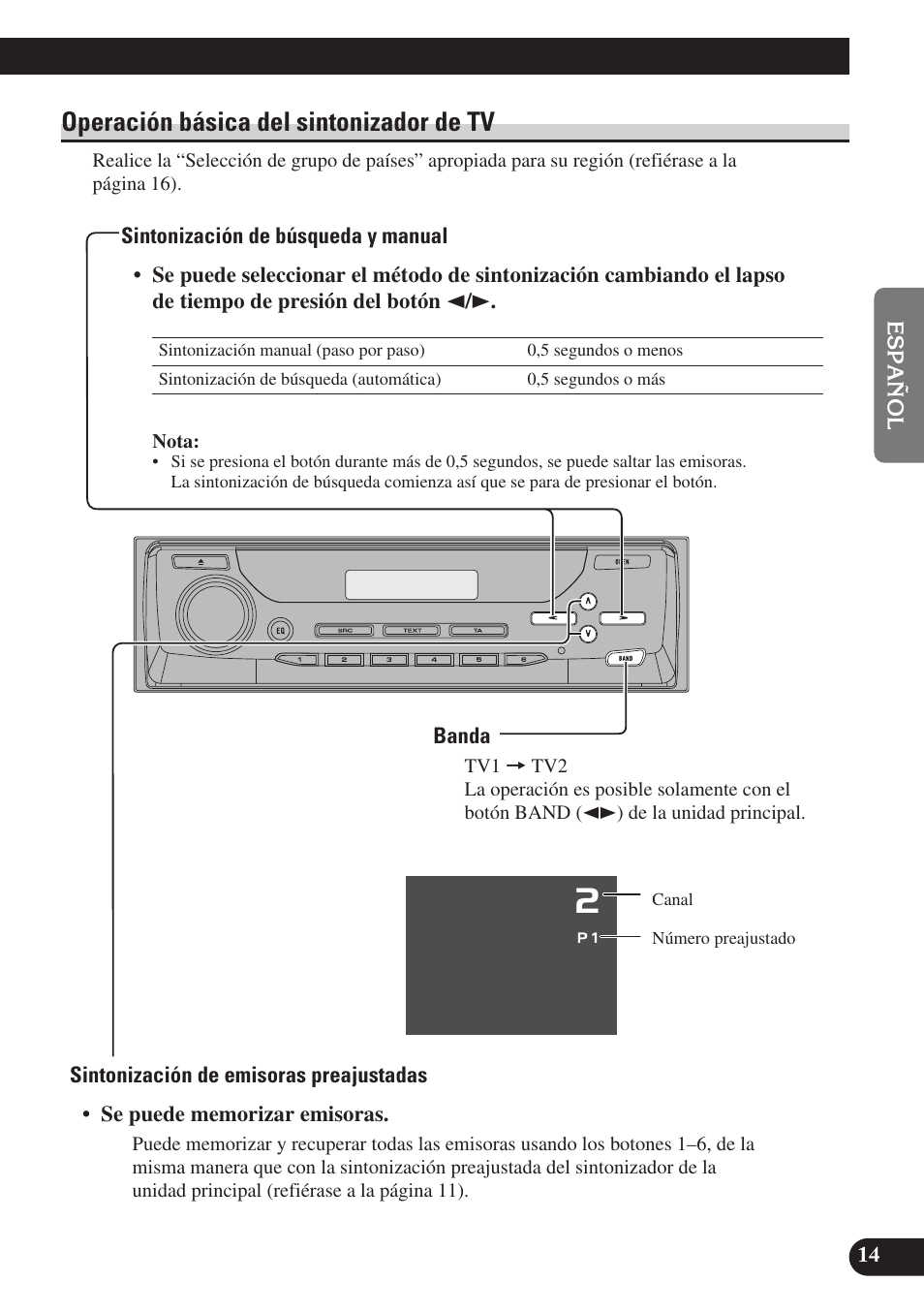 Operación básica del sintonizador de tv, Sintonización de búsqueda y manual, Banda | Sintonización de emisoras preajustadas | Pioneer GEX-P6400TVP User Manual | Page 33 / 112