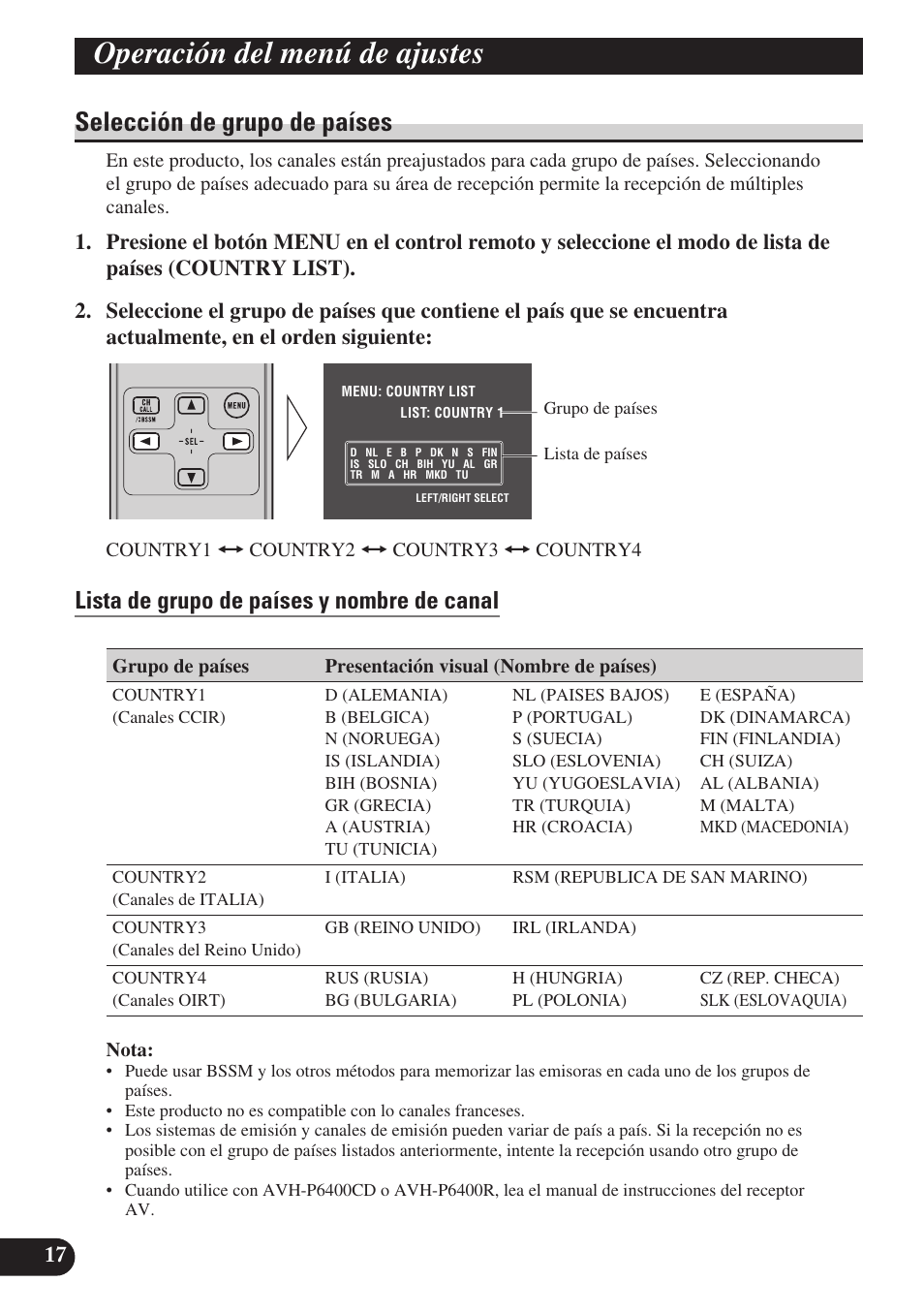 Operación del menú de ajustes, Selección de grupo de países, Lista de grupo de países y nombre de canal | Pioneer GEX-P6400TVP User Manual | Page 36 / 112