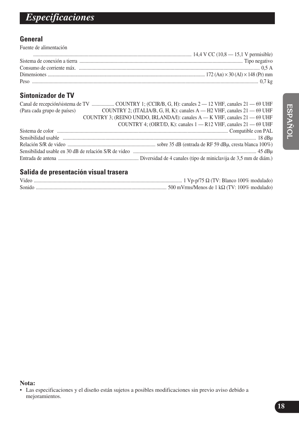 Especificaciones | Pioneer GEX-P6400TVP User Manual | Page 37 / 112