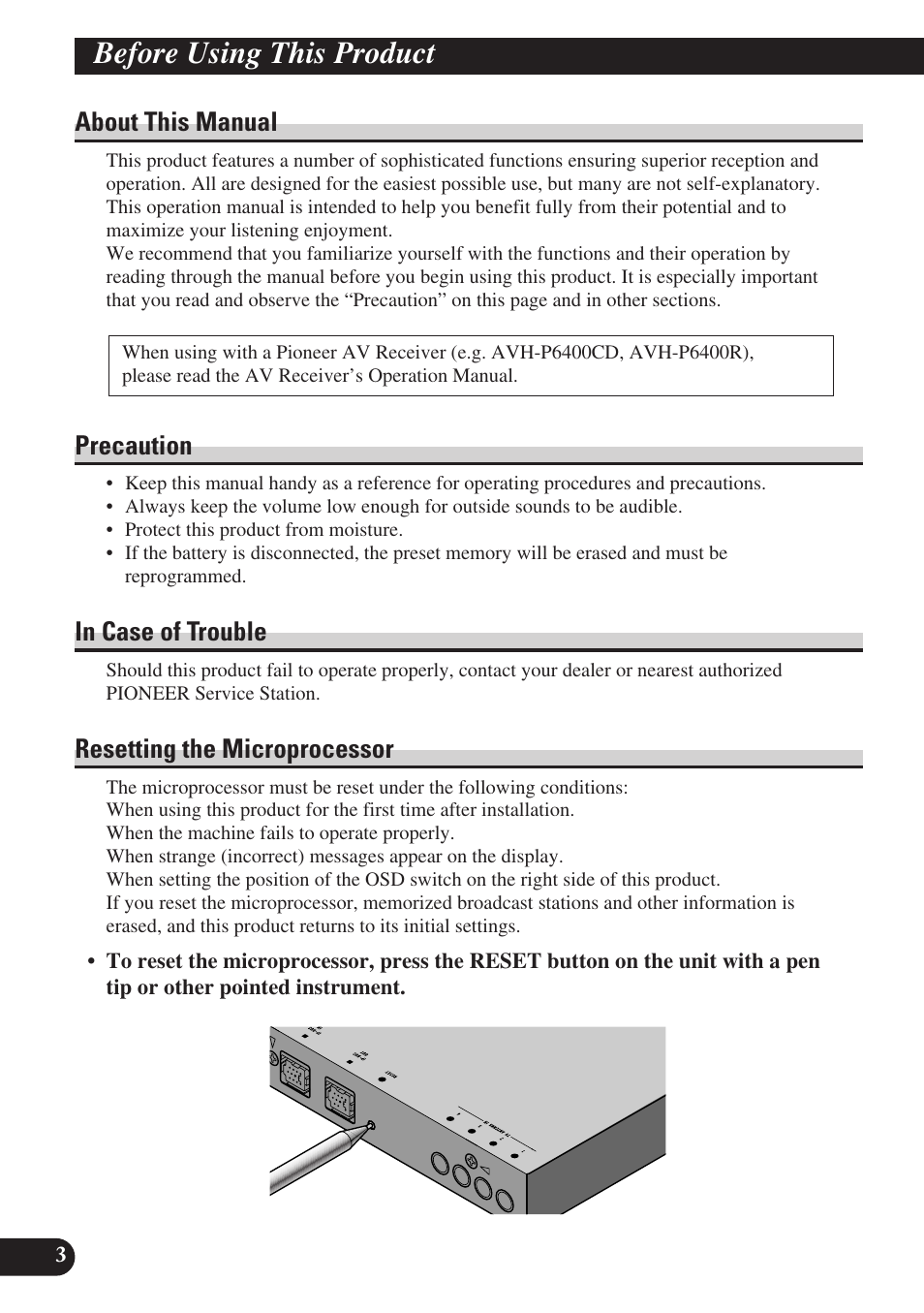 Before using this product, About this manual, Precaution | Resetting the microprocessor | Pioneer GEX-P6400TVP User Manual | Page 4 / 112