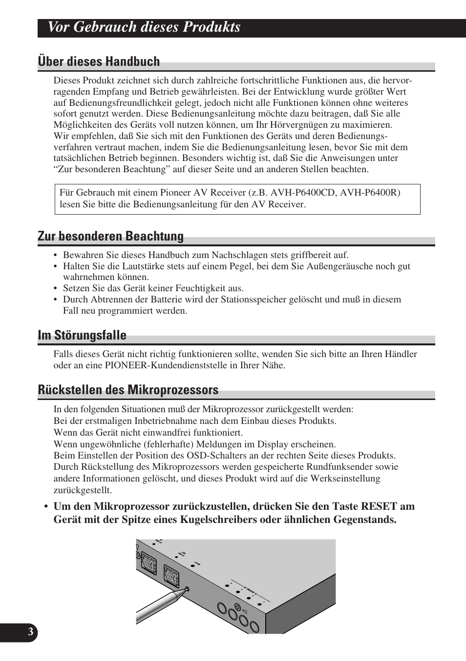 Vor gebrauch dieses produkts, Über dieses handbuch, Zur besonderen beachtung | Im störungsfalle, Rückstellen des mikroprozessors | Pioneer GEX-P6400TVP User Manual | Page 40 / 112