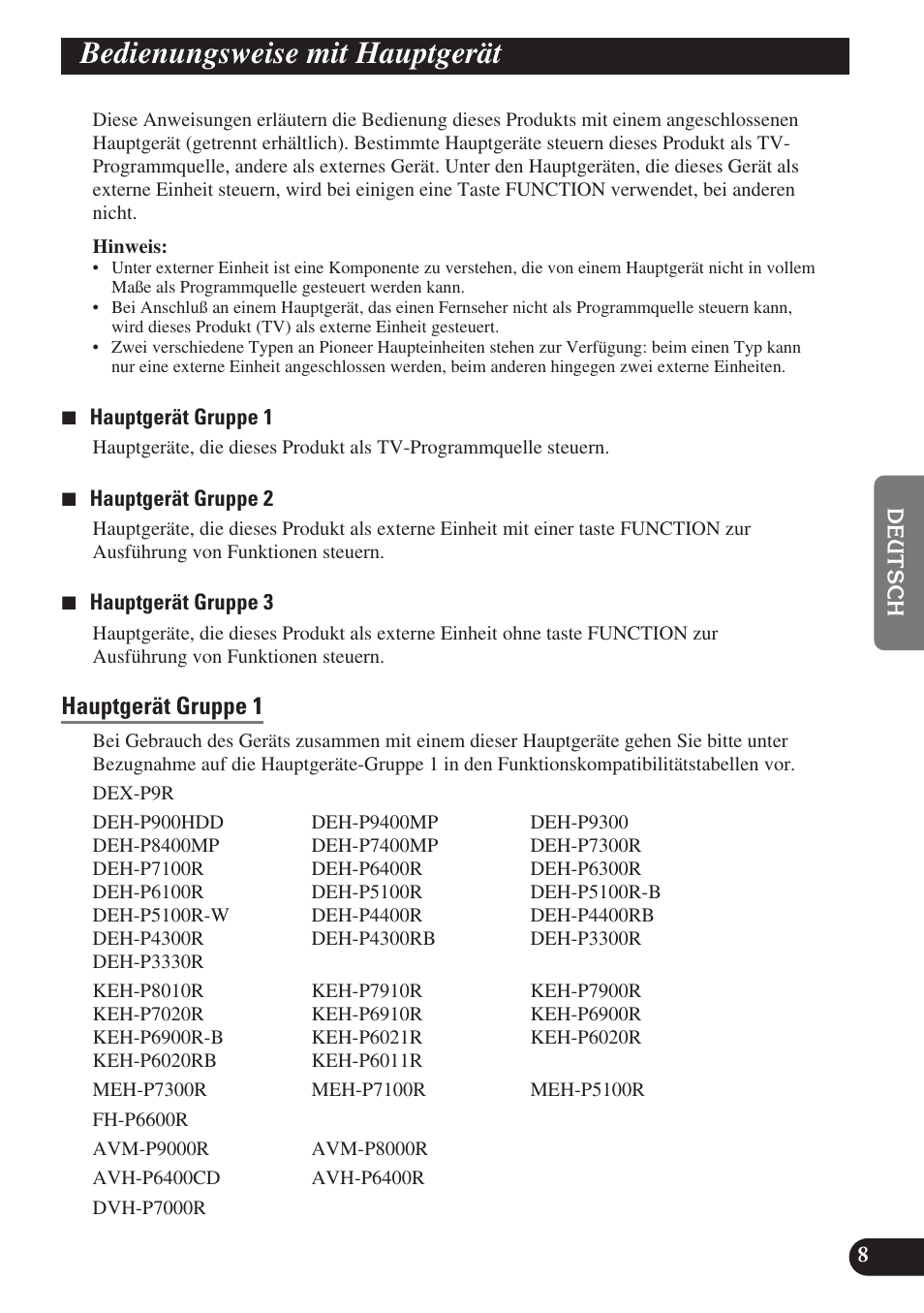 Bedienungsweise mit hauptgerät, Hauptgerät gruppe 1, Hauptgerät gruppe 2 | Hauptgerät gruppe 3 | Pioneer GEX-P6400TVP User Manual | Page 45 / 112