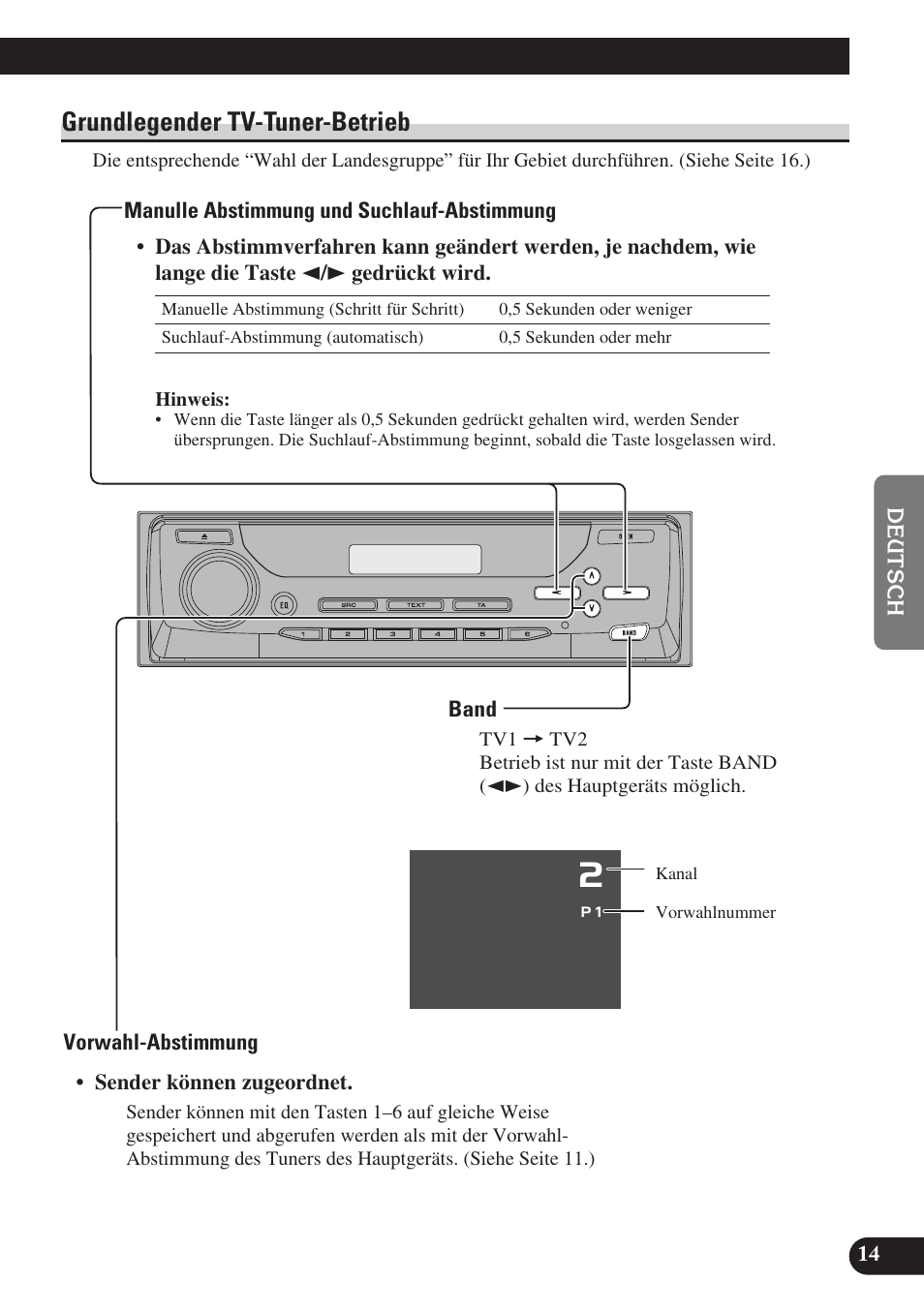 Grundlegender tv-tuner-betrieb, Manulle abstimmung und suchlauf-abstimmung, Band | Vorwahl-abstimmung | Pioneer GEX-P6400TVP User Manual | Page 51 / 112