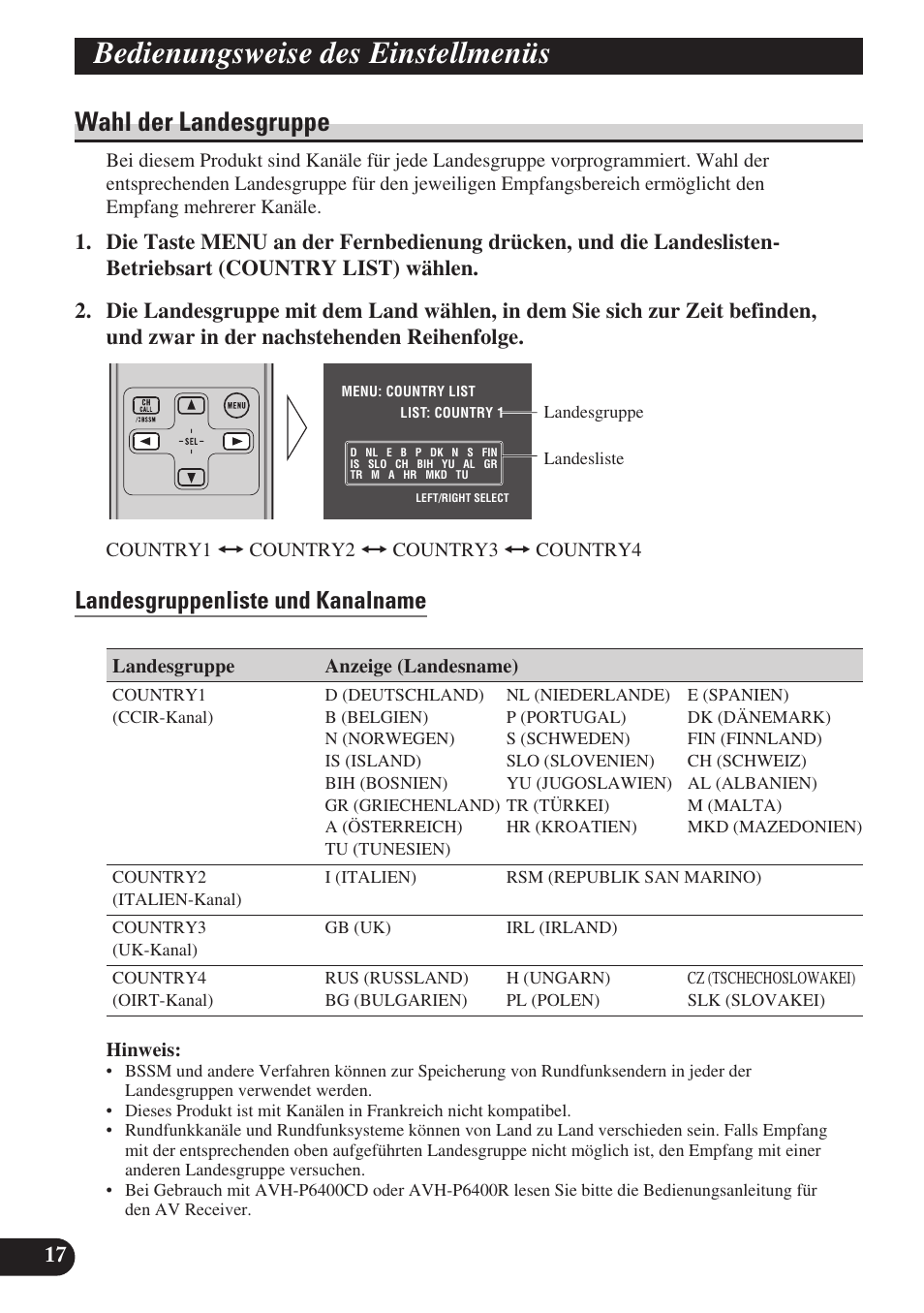 Bedienungsweise des, Einstellmenüs, Wahl der landesgruppe | Landesgruppenliste und kanalname, Bedienungsweise des einstellmenüs | Pioneer GEX-P6400TVP User Manual | Page 54 / 112