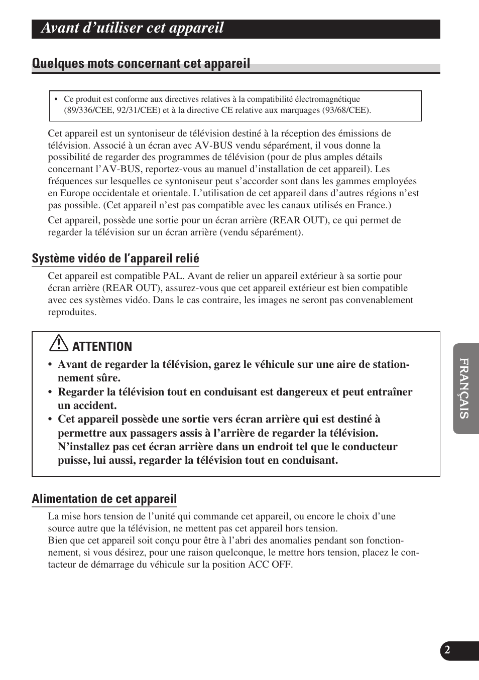 Avant d’utiliser cet appareil, Quelques mots concernant cet appareil, Système vidéo de l’appareil relié | Alimentation de cet appareil | Pioneer GEX-P6400TVP User Manual | Page 57 / 112