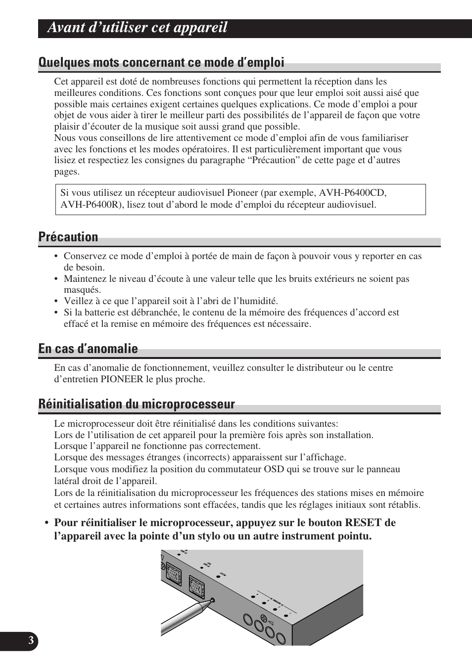 Quelques mots concernant ce mode, D’emploi, Avant d’utiliser cet appareil | Quelques mots concernant ce mode d’emploi, Précaution, En cas d’anomalie, Réinitialisation du microprocesseur | Pioneer GEX-P6400TVP User Manual | Page 58 / 112