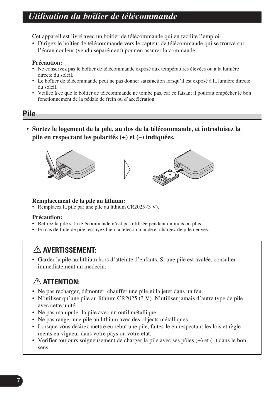 Utilisation du boîtier, De télécommande, Pile | Utilisation du boîtier de télécommande, Avertissement, Attention | Pioneer GEX-P6400TVP User Manual | Page 62 / 112