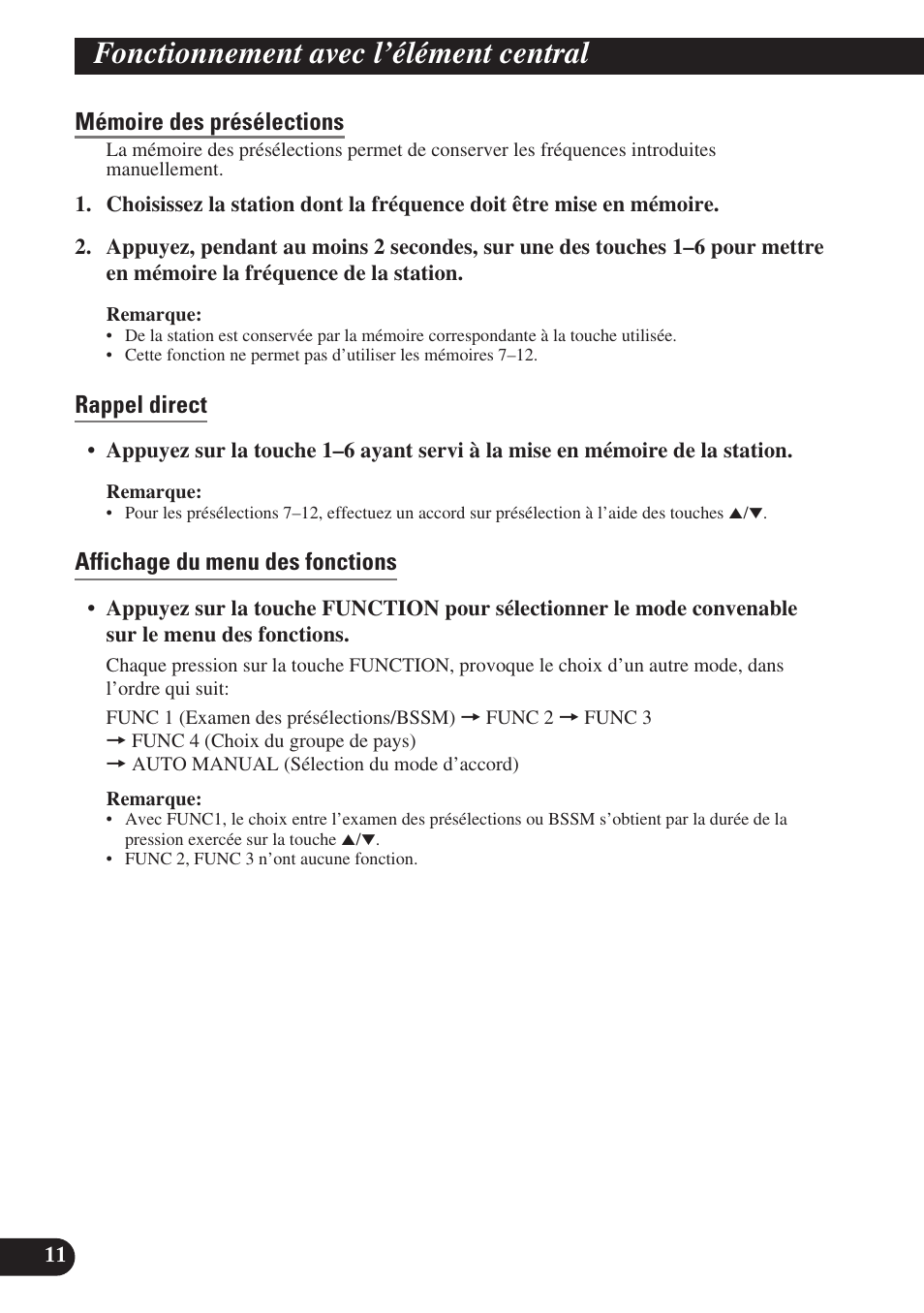 Fonctionnement avec l’élément central, Mémoire des présélections, Rappel direct | Affichage du menu des fonctions | Pioneer GEX-P6400TVP User Manual | Page 66 / 112
