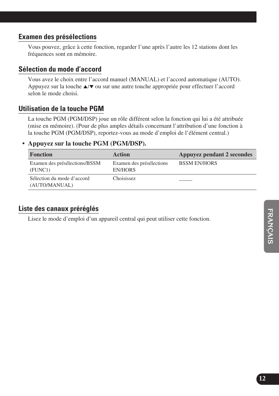 Examen des présélections, Sélection du mode d’accord, Utilisation de la touche pgm | Liste des canaux préréglés | Pioneer GEX-P6400TVP User Manual | Page 67 / 112