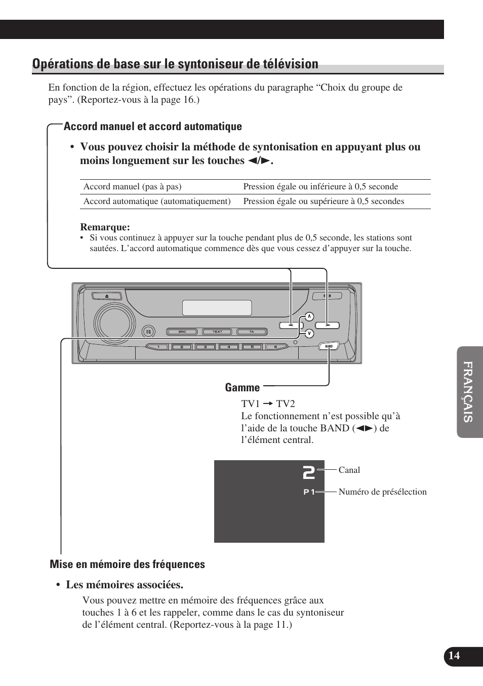 Opérations de base sur le syntoniseur, De télévision, Accord manuel et accord automatique | Gamme, Mise en mémoire des fréquences, Bssm (mémoire séquentiel des meilleures | Pioneer GEX-P6400TVP User Manual | Page 69 / 112