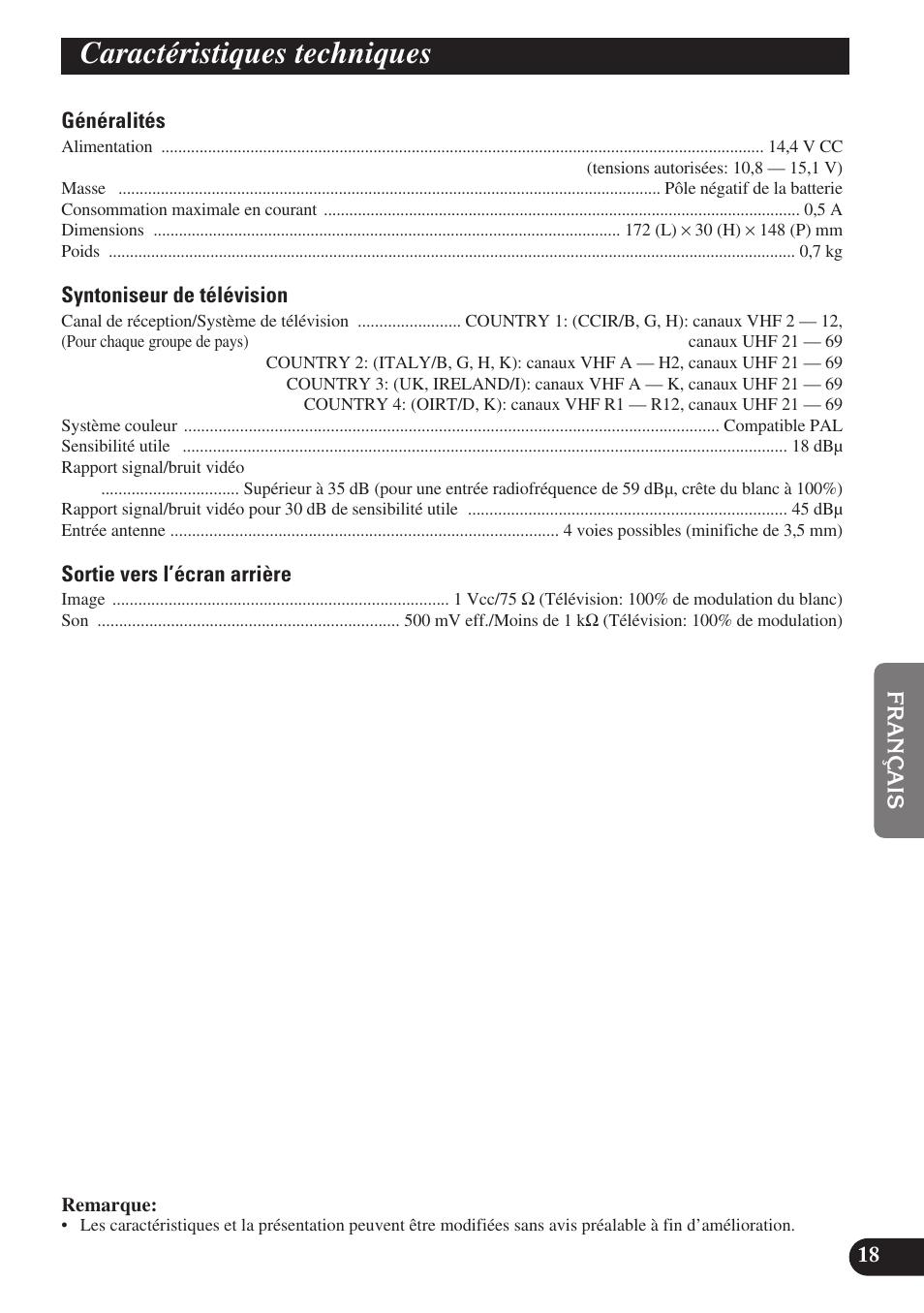 Caractéristiques techniques | Pioneer GEX-P6400TVP User Manual | Page 73 / 112