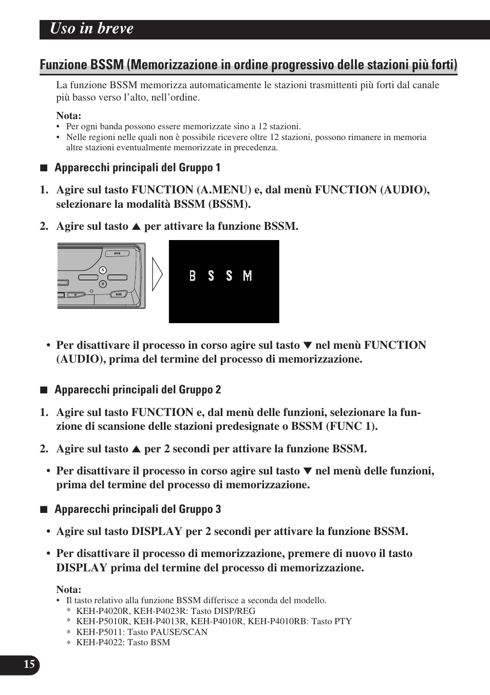 Funzione bssm (memorizzazione in ordine, Progressivo delle stazioni più forti), Uso in breve | Pioneer GEX-P6400TVP User Manual | Page 88 / 112