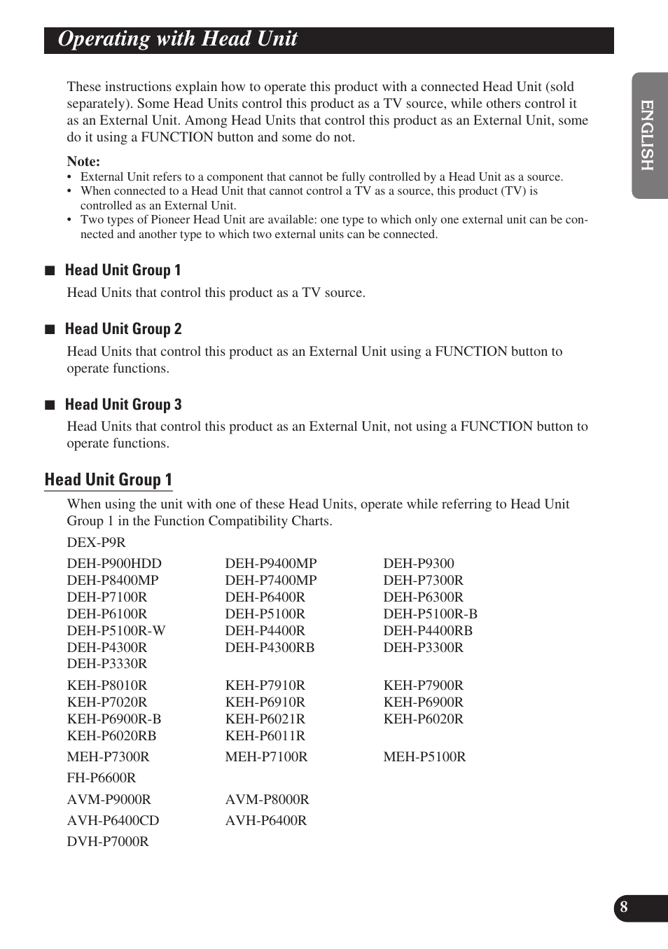 Operating with head unit, Head unit group 1, Head unit group 2 | Head unit group 3 | Pioneer GEX-P6400TVP User Manual | Page 9 / 112