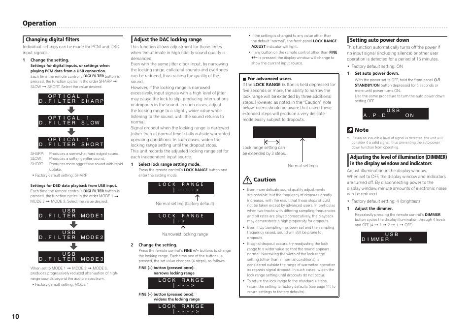 Changing digital fi lters, Adjust the dac locking range, Setting auto power down | Adjusting the level of illumination (dimmer), In the display window and indicators, Operation | Pioneer U-05-S User Manual | Page 10 / 14