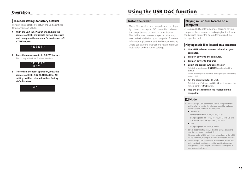 To return settings to factory defaults, Using the usb dac function, Install the driver | Playing music fi les located on a computer, Operation | Pioneer U-05-S User Manual | Page 11 / 14