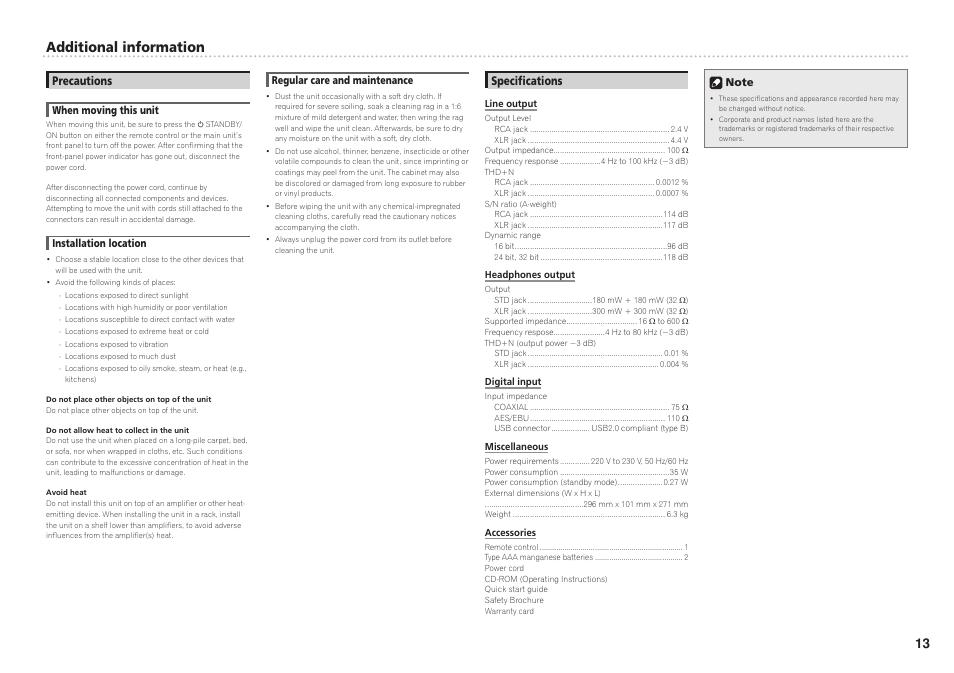 Precautions, When moving this unit, Installation location | Regular care and maintenance, Specifi cations, Additional information | Pioneer U-05-S User Manual | Page 13 / 14