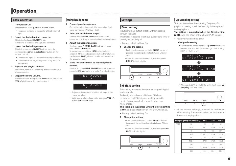 Operation, Basic operation, Using headphones | Settings, Direct setting, Hi-bit 32 setting, Up sampling setting | Pioneer U-05-S User Manual | Page 9 / 14