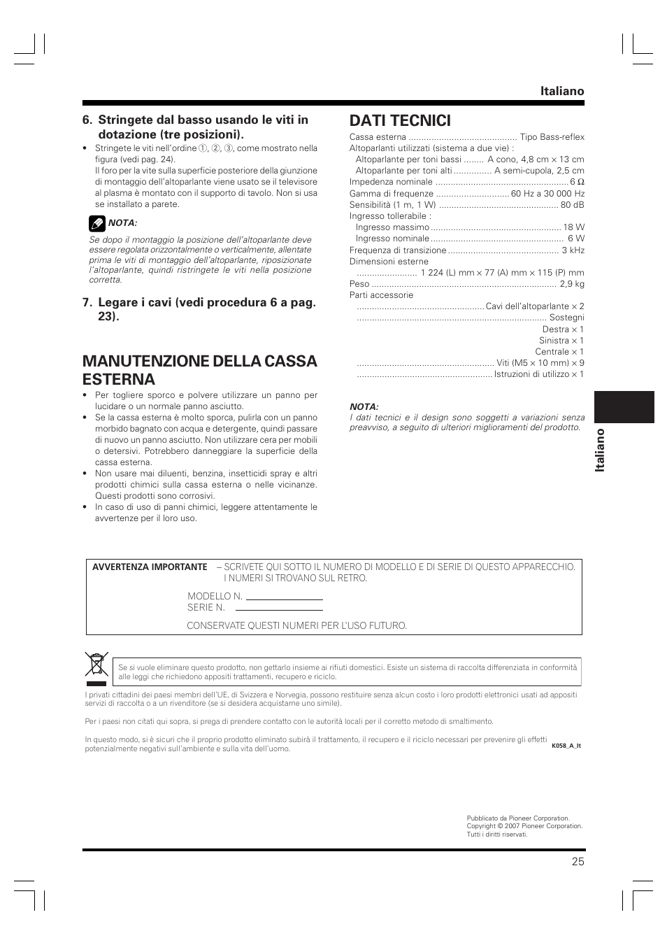 Manutenzione della cassa esterna, Dati tecnici, Italiano | Legare i cavi (vedi procedura 6 a pag. 23) | Pioneer PDP-S40B User Manual | Page 25 / 44