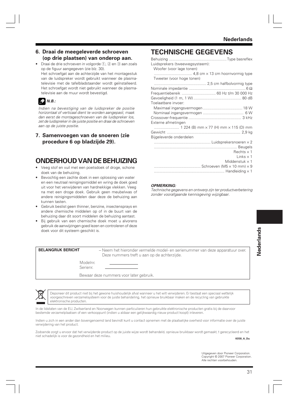 Onderhoud van de behuizing, Technische gegevens, Nederlands | Pioneer PDP-S40B User Manual | Page 31 / 44