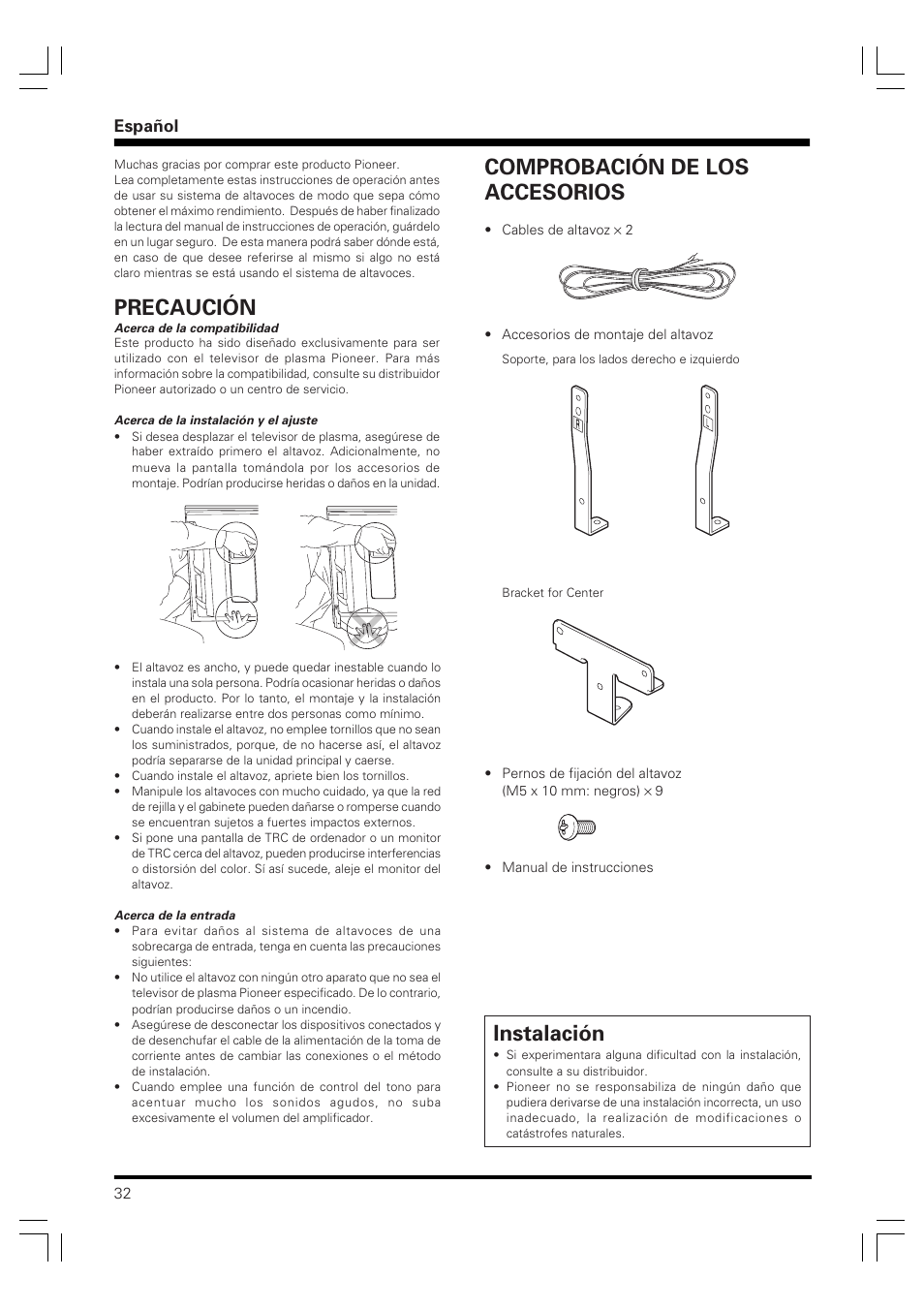 Precaución, Instalación, Comprobación de los accesorios | Español | Pioneer PDP-S40B User Manual | Page 32 / 44