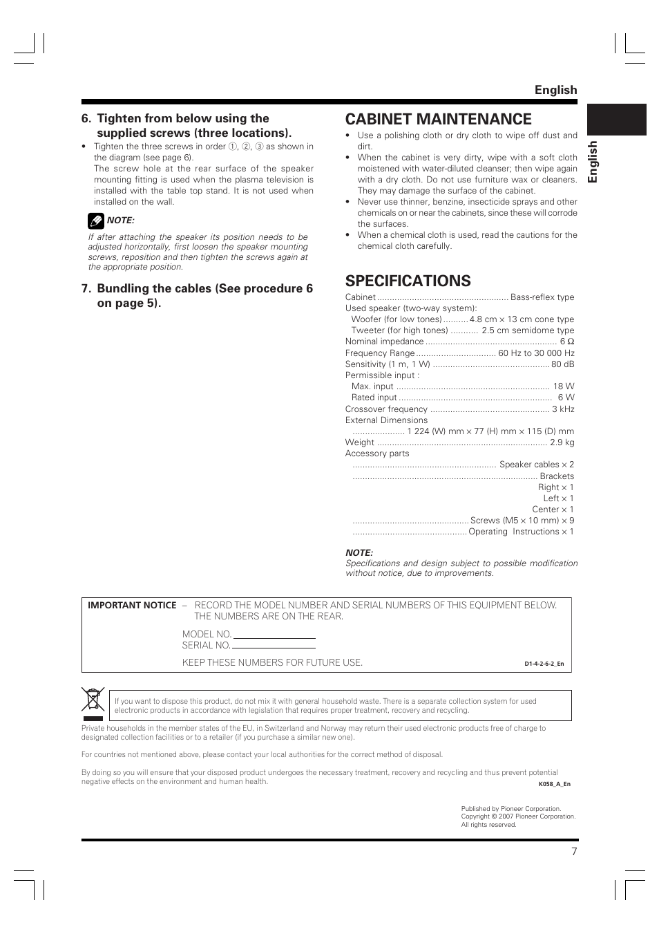 Cabinet maintenance, Specifications, English | Bundling the cables (see procedure 6 on page 5) | Pioneer PDP-S40B User Manual | Page 7 / 44