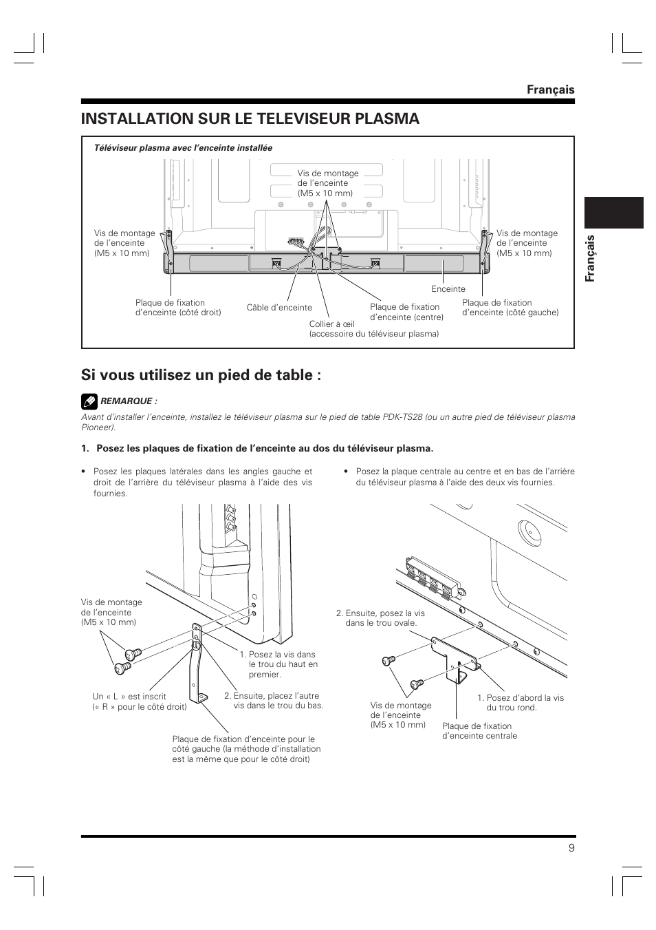 Mode d’emploi, Enceinte acoustique, Installation sur le televiseur plasma | Si vous utilisez un pied de table, Français fran ç ais | Pioneer PDP-S40B User Manual | Page 9 / 44