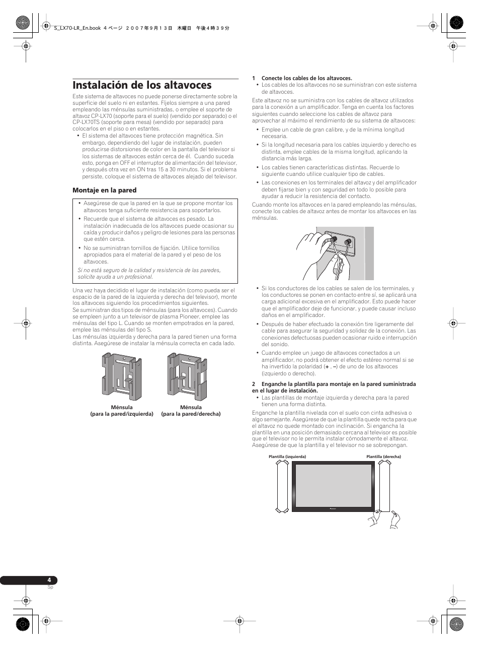 Instalación de los altavoces | Pioneer S-LX70-LR User Manual | Page 16 / 26