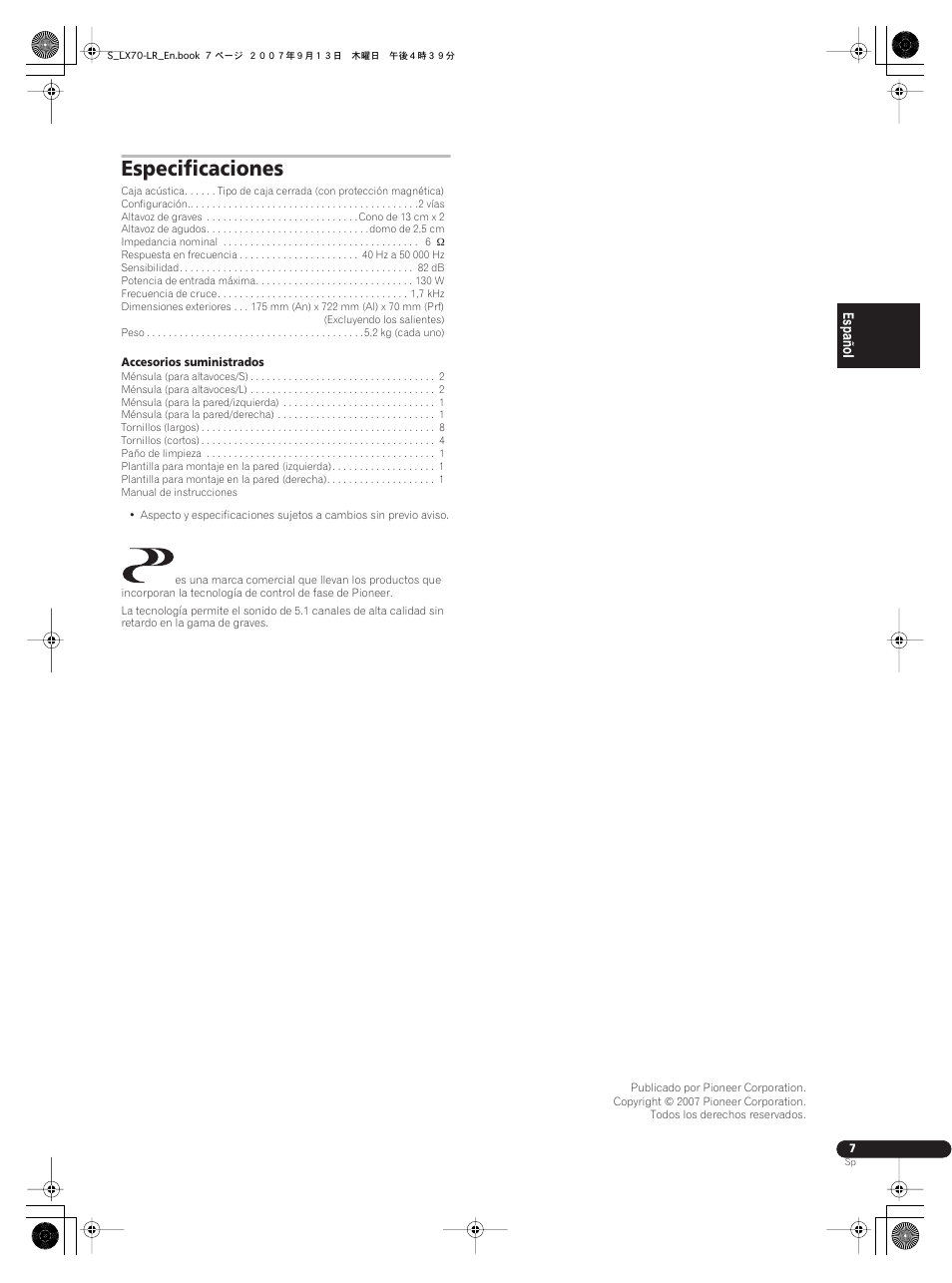 Especificaciones | Pioneer S-LX70-LR User Manual | Page 19 / 26