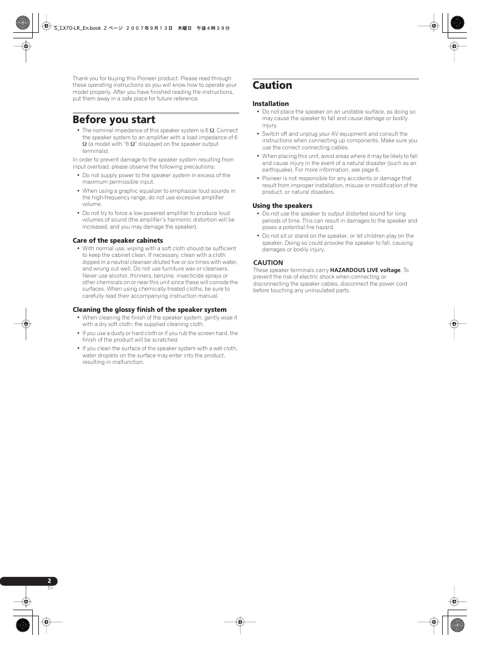 Operating instructions | mode d’emploi, Speaker system, Before you start | Caution | Pioneer S-LX70-LR User Manual | Page 2 / 26