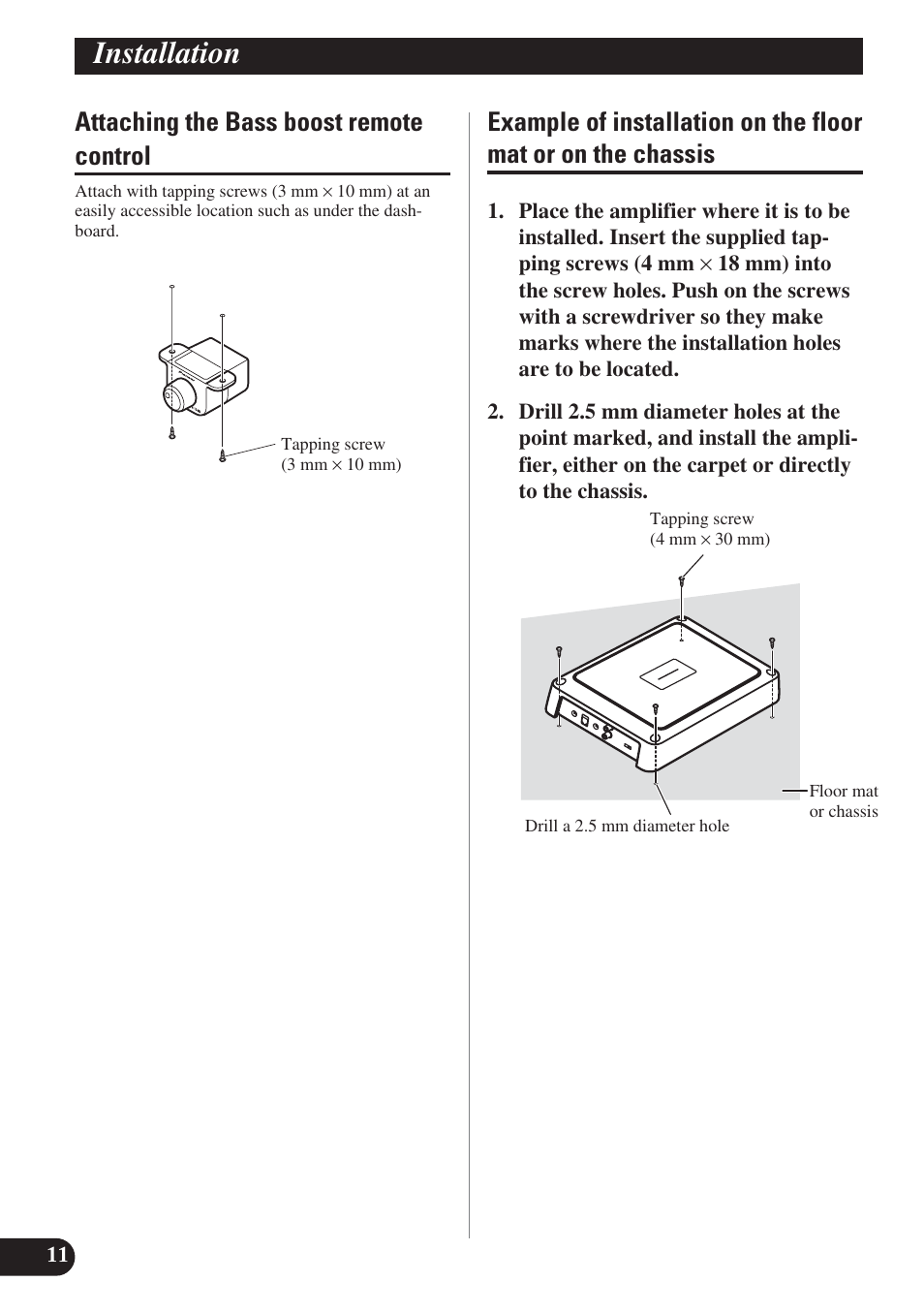 Attaching the bass boost remote control, Or on the chassis, Installation | Pioneer GM-D8400M User Manual | Page 12 / 86