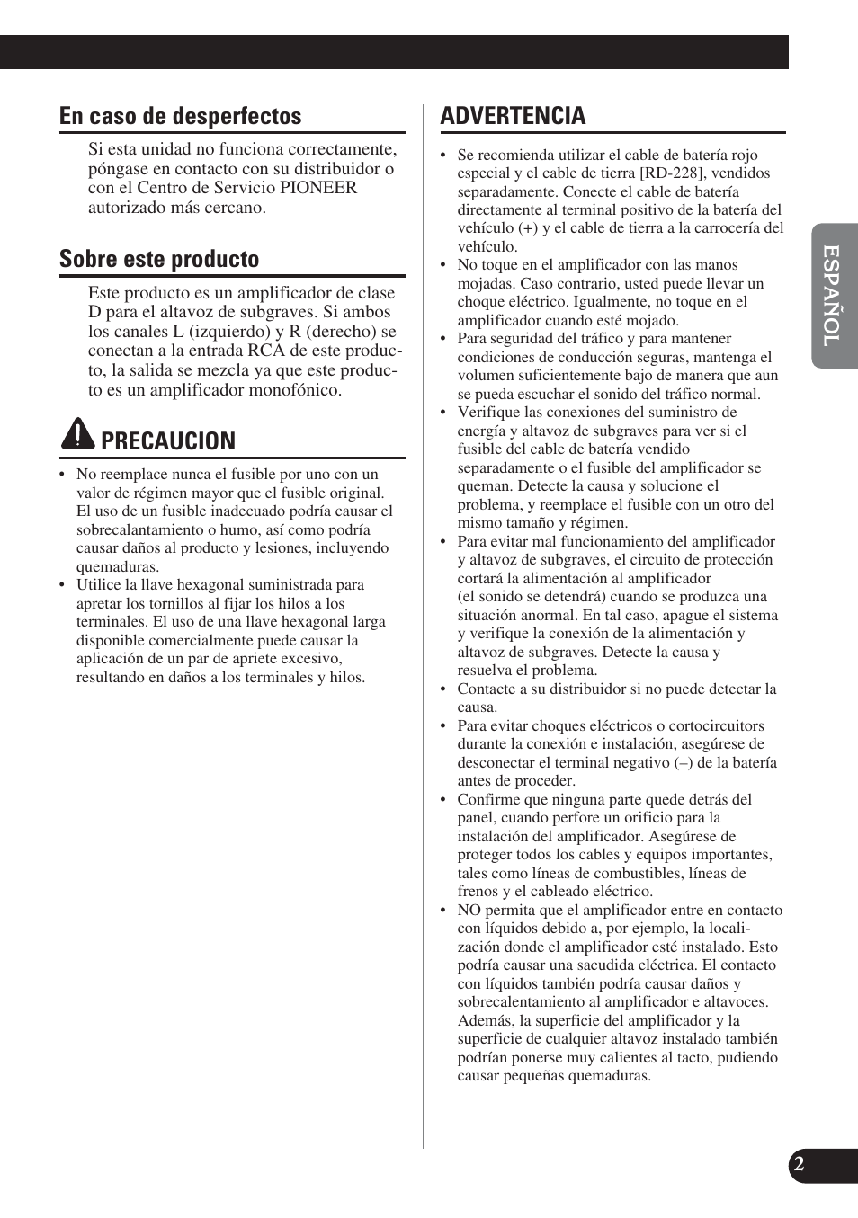 En caso de desperfectos, Sobre este producto, Precaucion | Advertencia | Pioneer GM-D8400M User Manual | Page 15 / 86