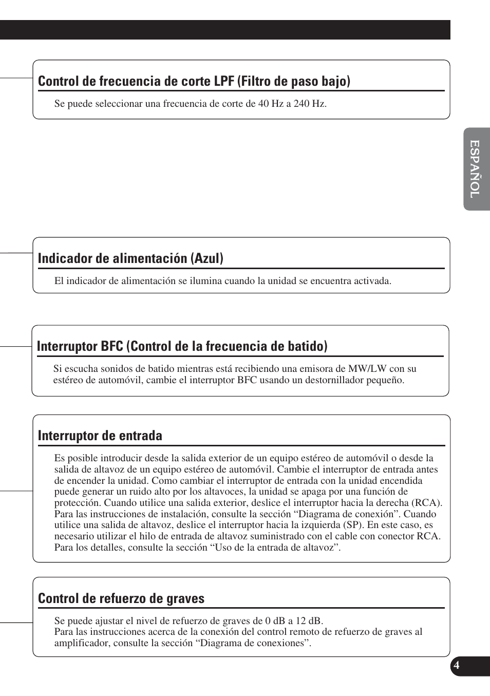 Control de frecuencia de corte lpf, Filtro de paso bajo), Indicador de alimentación (azul) interruptor bfc | Control de la frecuencia de batido), Control de refuerzo de graves, Indicador de alimentación (azul), Interruptor de entrada | Pioneer GM-D8400M User Manual | Page 17 / 86
