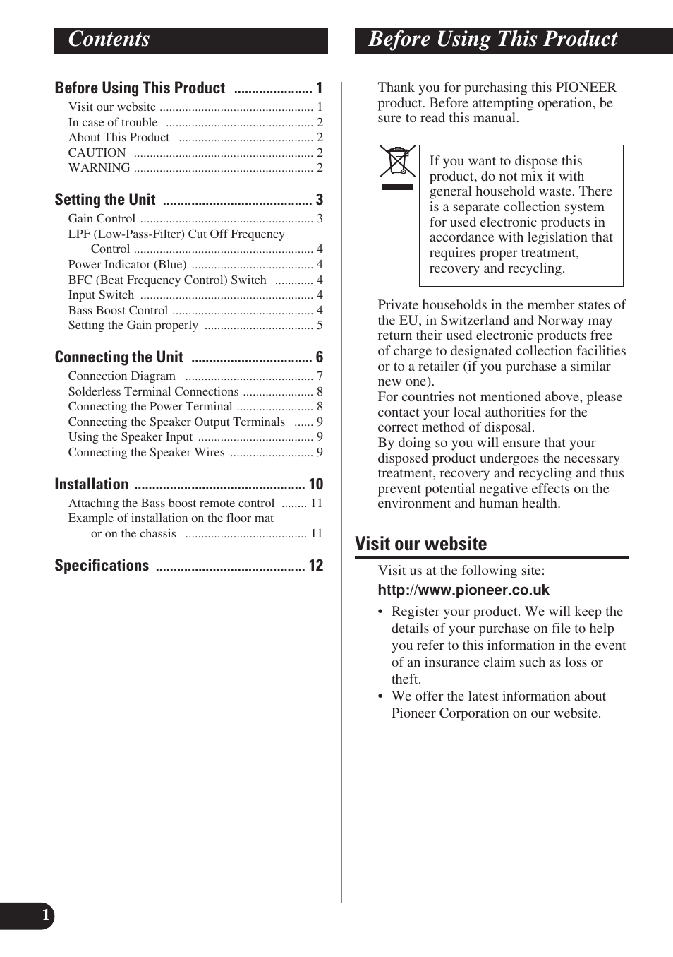 Before using this product, Visit our website, English | Contents before using this product | Pioneer GM-D8400M User Manual | Page 2 / 86