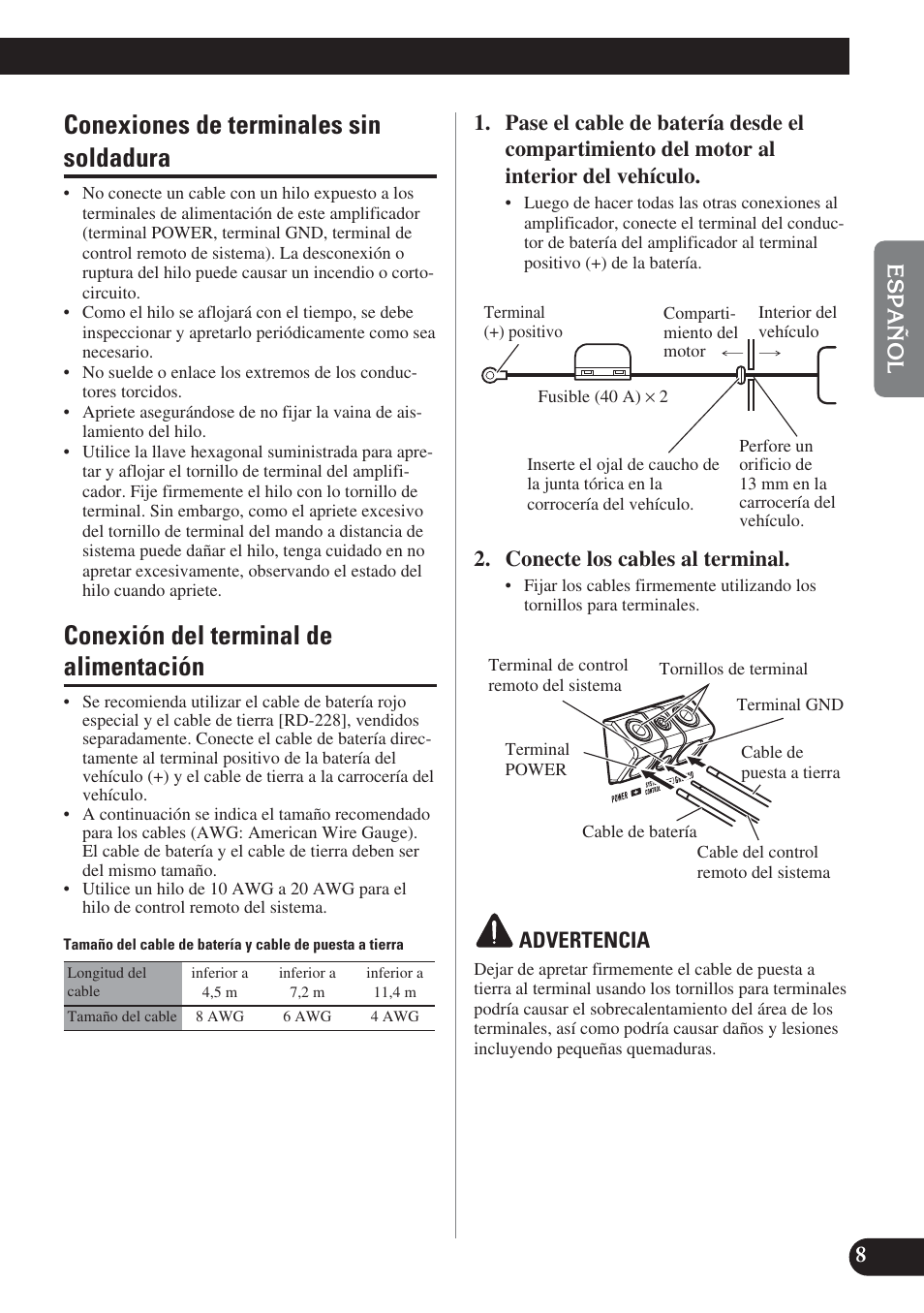 Conexiones de terminales sin soldadura, Conexión del terminal de alimentación, Conecte los cables al terminal | Advertencia | Pioneer GM-D8400M User Manual | Page 21 / 86