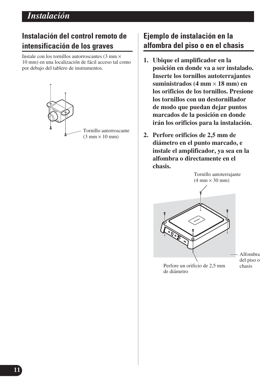 Instalación del control remoto de, Intensificación de los graves, Ejemplo de instalación en la alfombra | Del piso o en el chasis, Instalación | Pioneer GM-D8400M User Manual | Page 24 / 86