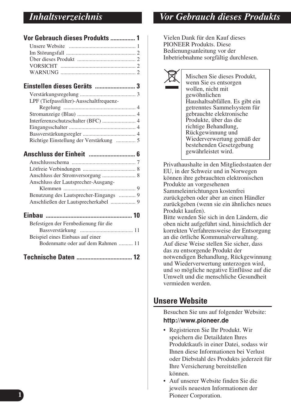 Deutsch, Inhaltsverzeichnis vor gebrauch dieses produkts, Unsere website | Pioneer GM-D8400M User Manual | Page 26 / 86